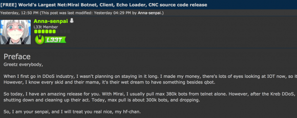 The Hackforums post that includes links to the Mirai source code.