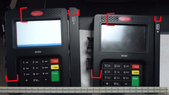 The red calipers in the image above show the size differences in various noticeable areas of the case overlay on the left compared to the actual ISC250 on the right. Source: Ingenico.