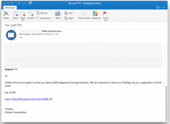One of the phishing emails in the latest political espionage attack launched by The Dukes. Source: Volexity.