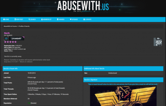 Xerx3s's administrator account profile at Abusewith.us.