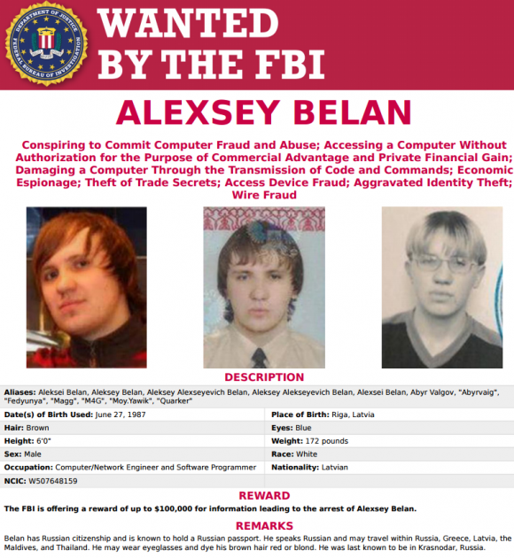 A screenshot from the FBI's Cyber Most Wanted List for Alexsey Belan.