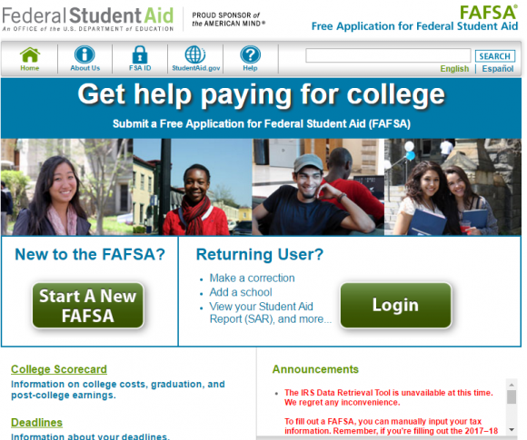 The U.S. Department of Education's FAFSA federal student aid portal. A notice about the closure of the IRS's data retrieval tool can be seen in red at the bottom right of this image.