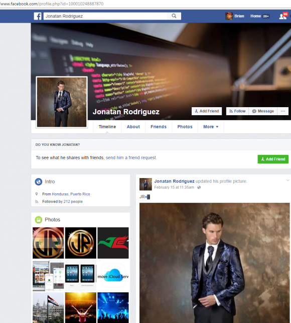 Jonatan's Facebook profile page.