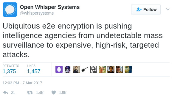 A tweet from Open Whisper Systems, the makers of the popular mobile privacy app Signal.