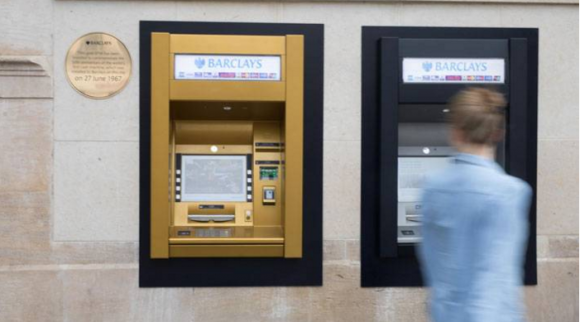 The location of the world's first ATM, turned to gold to commemorate the cash machine's golden anniversary. Image: Barclays Bank.