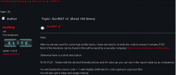 The hacker "bestbuy" selling his Govrat trojan on the dark web forum "Hell." Image: InfoArmor.