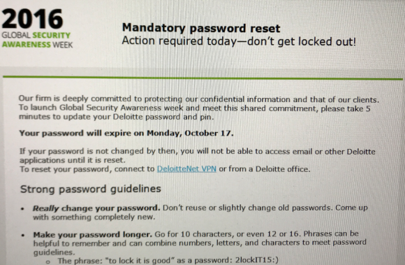 A screen shot of the mandatory password reset email Deloitte sent to all U.S. employees in Oct. 2016, around the time sources say the breach was first discovered.