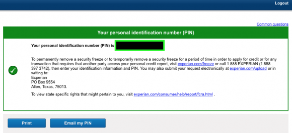 Experian will display the freeze PIN on its site, and offer to send it to an email address of your choice. 